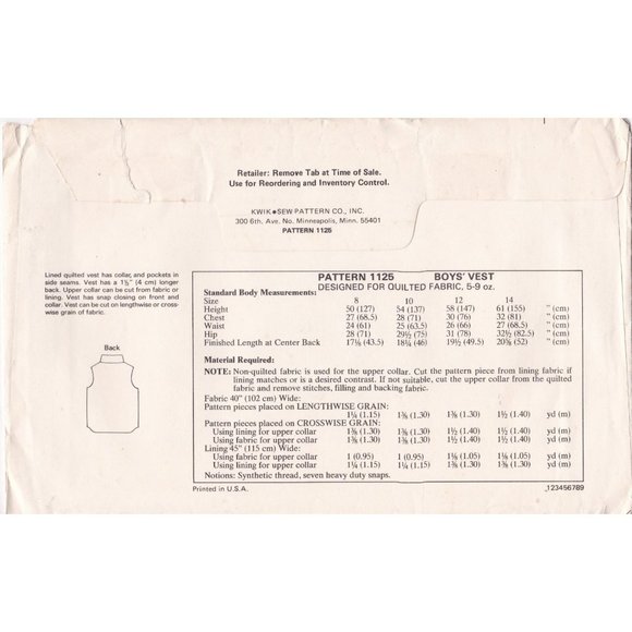 UNCUT Vintage Sewing PATTERN Kwik Sew 1125, Boys 1980s Quilted Vest, Child Size - Picture 2 of 2